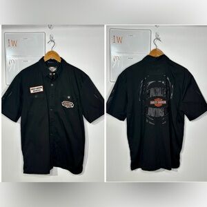 Harley-Davidson Black Short Sleeve Button-Up with Logo Patches and Back Print